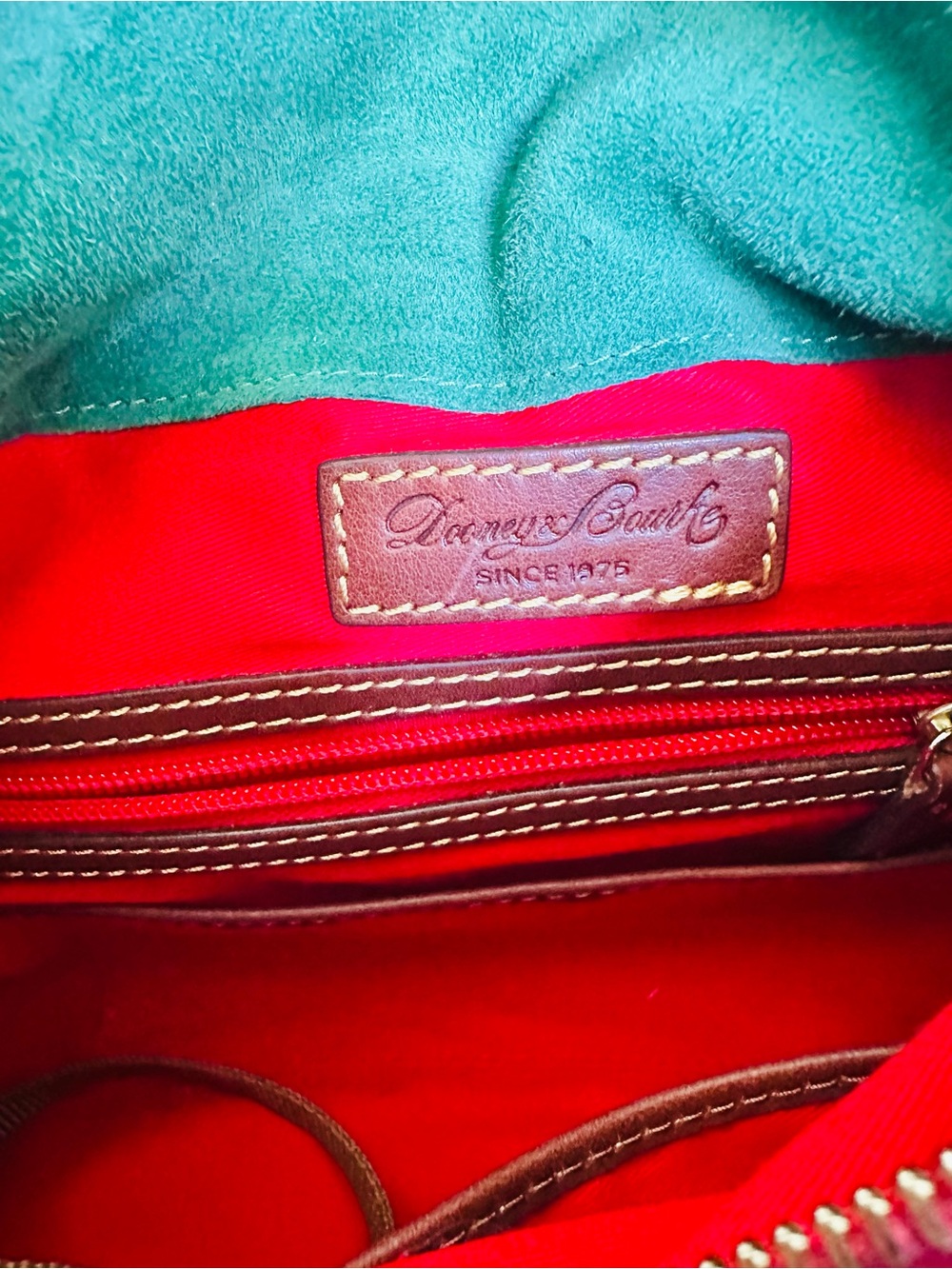 Dooney & Bourke Chestnut Brown Leather Satchel with Gold Hardware and Red Zip - Picture 4 of 6